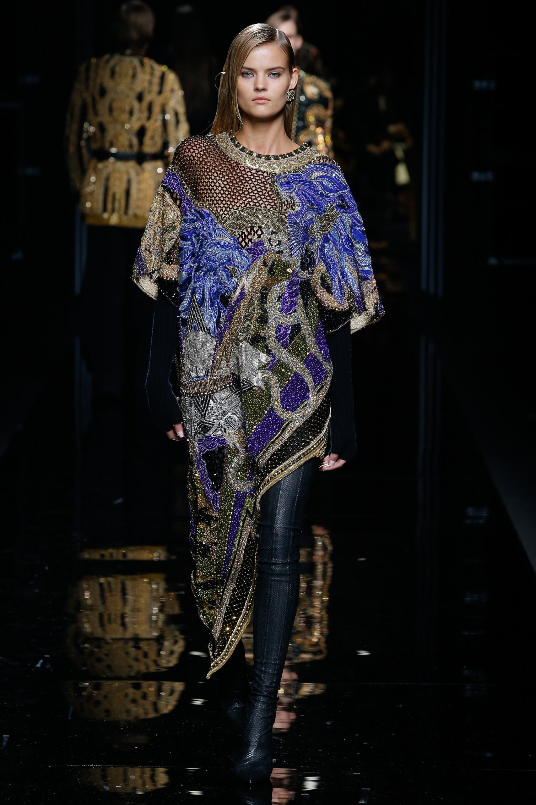 blue and gold embroidered midi dress