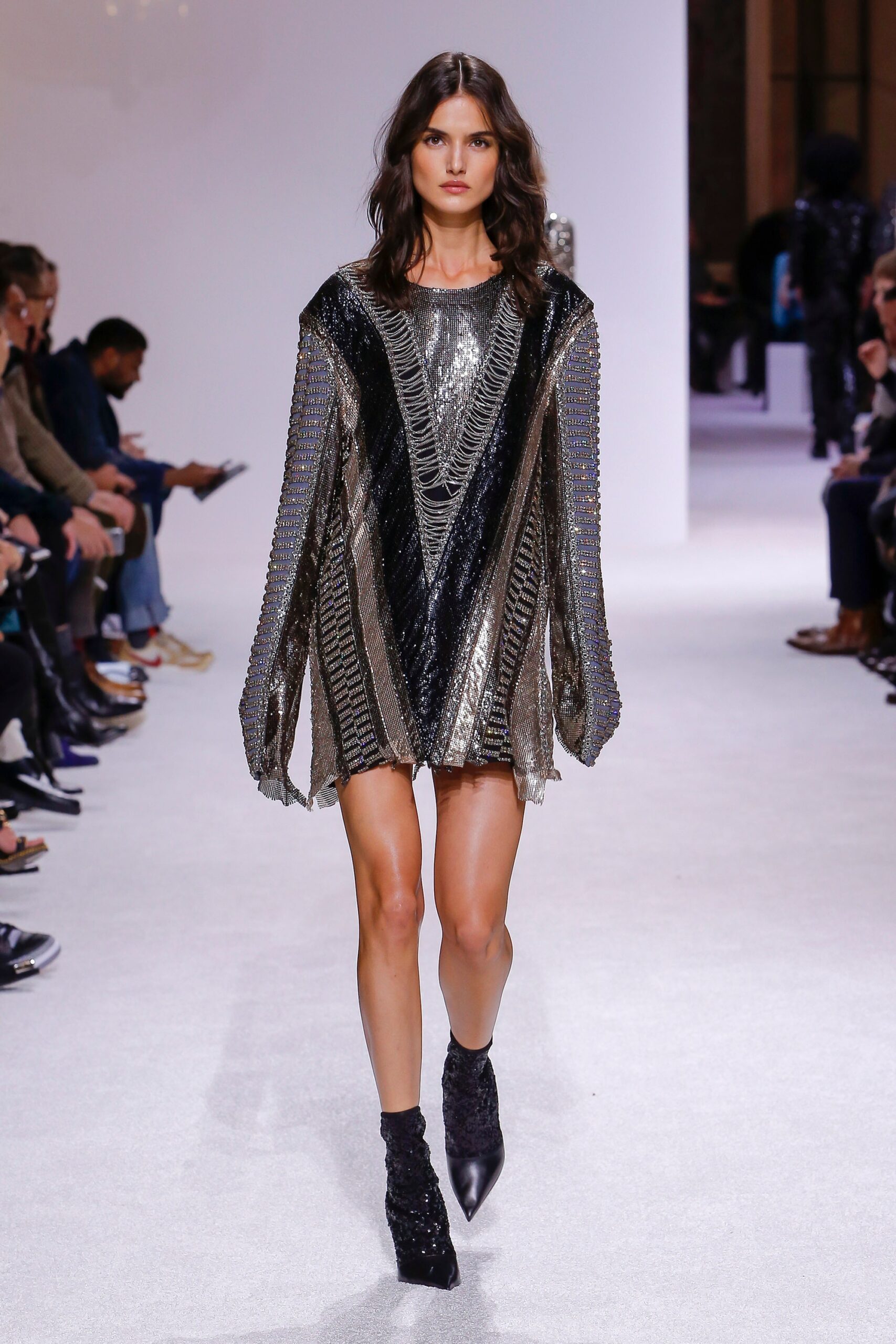 silver metallic long-sleeve mini dress