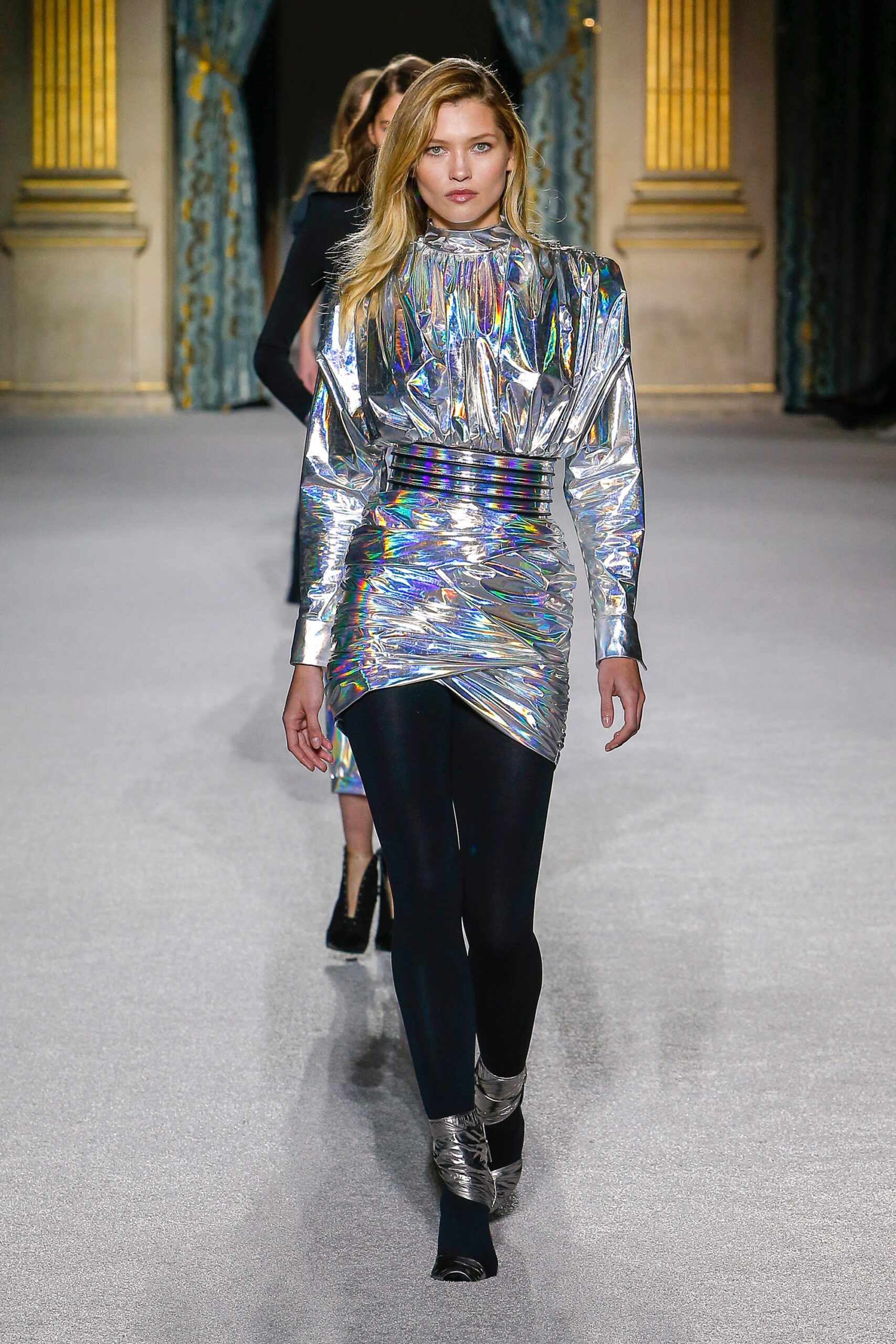 shiny silver mini dress with leggings