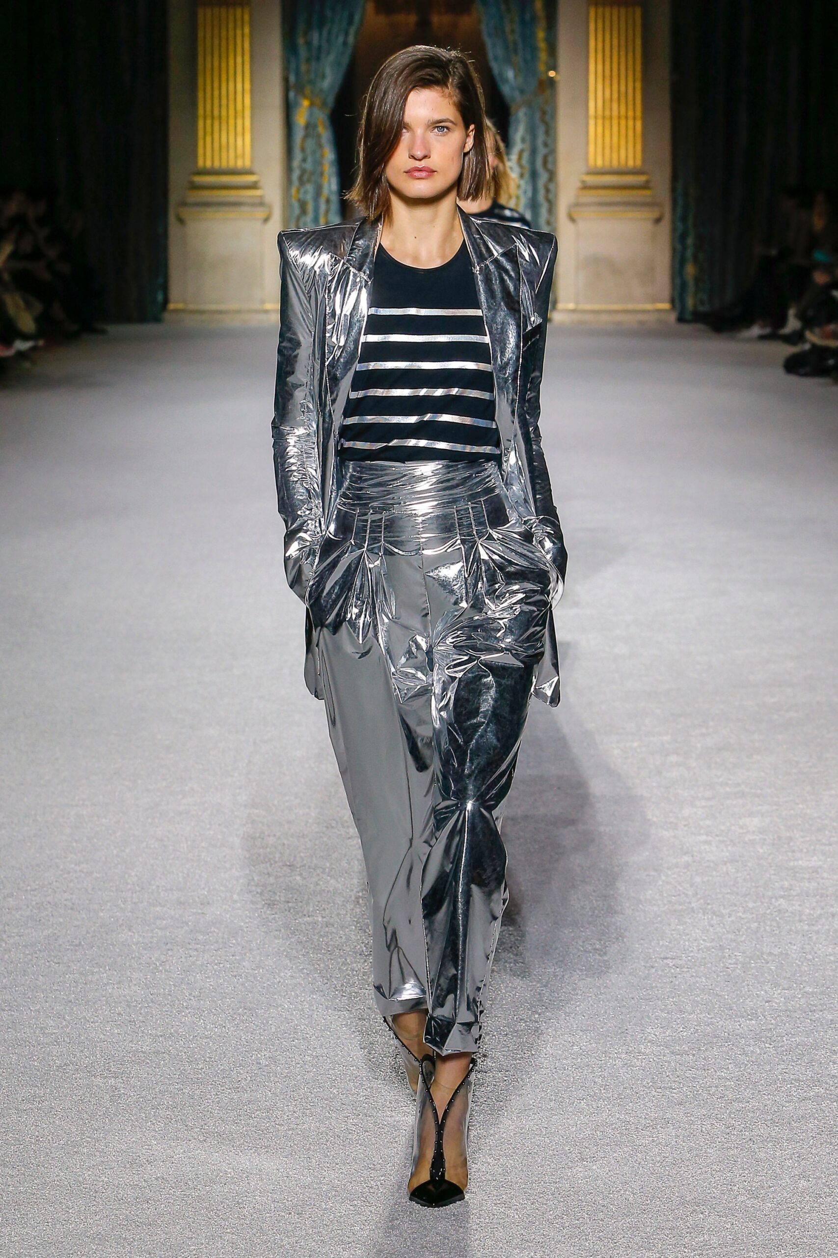 silver tailored blazer with striped top