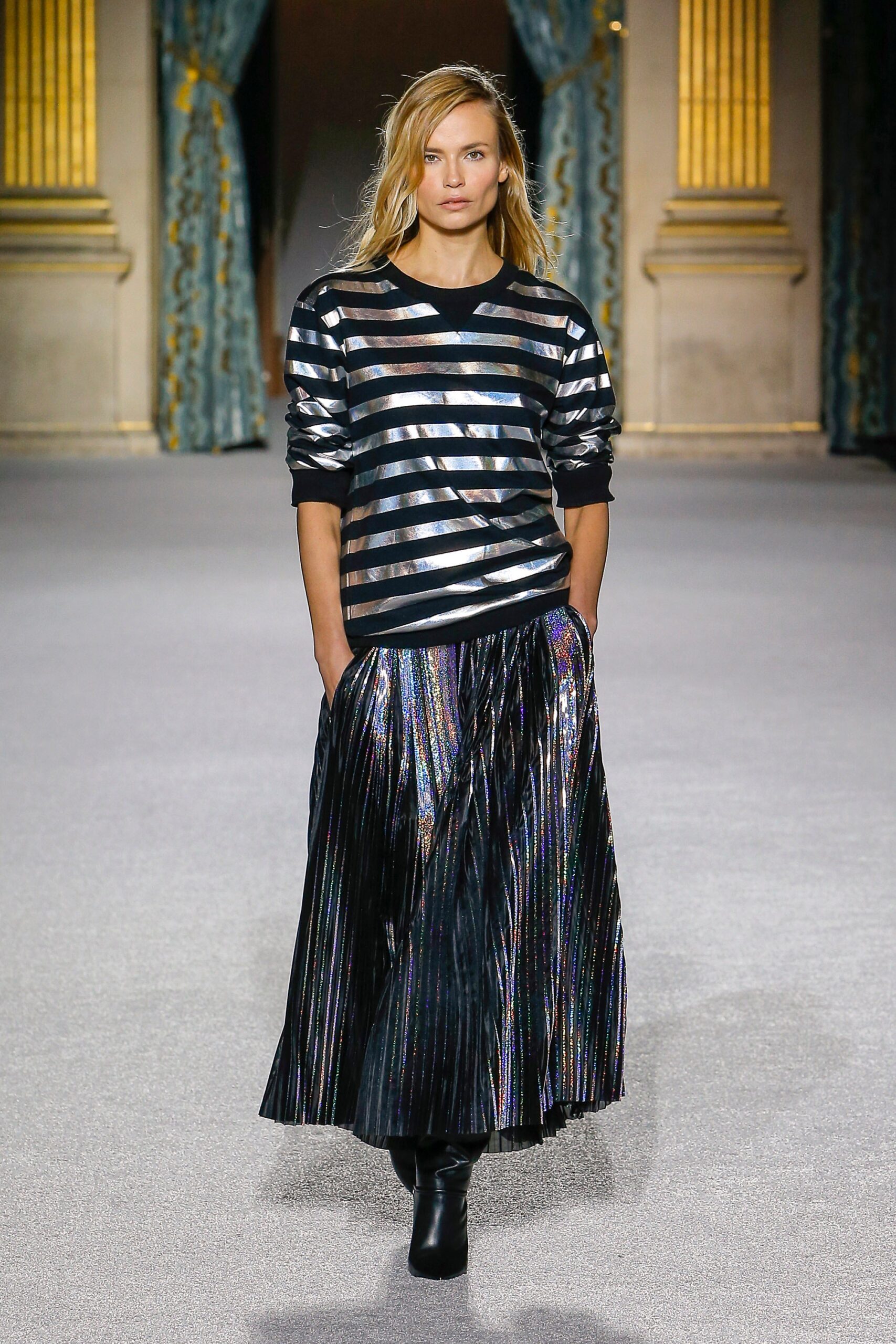 black striped silk top and pleated skirt