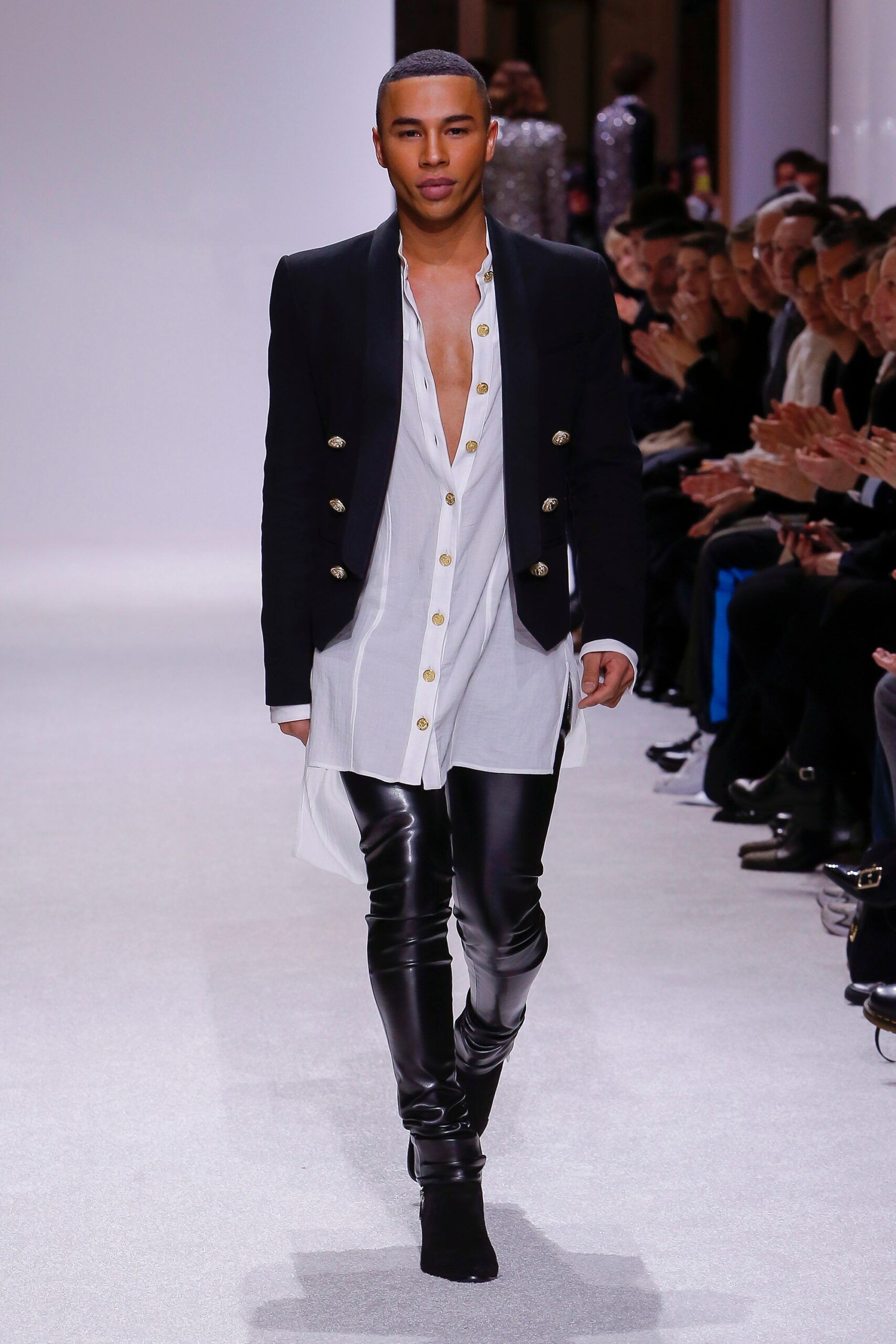 black tailored blazer white shirt leather pants