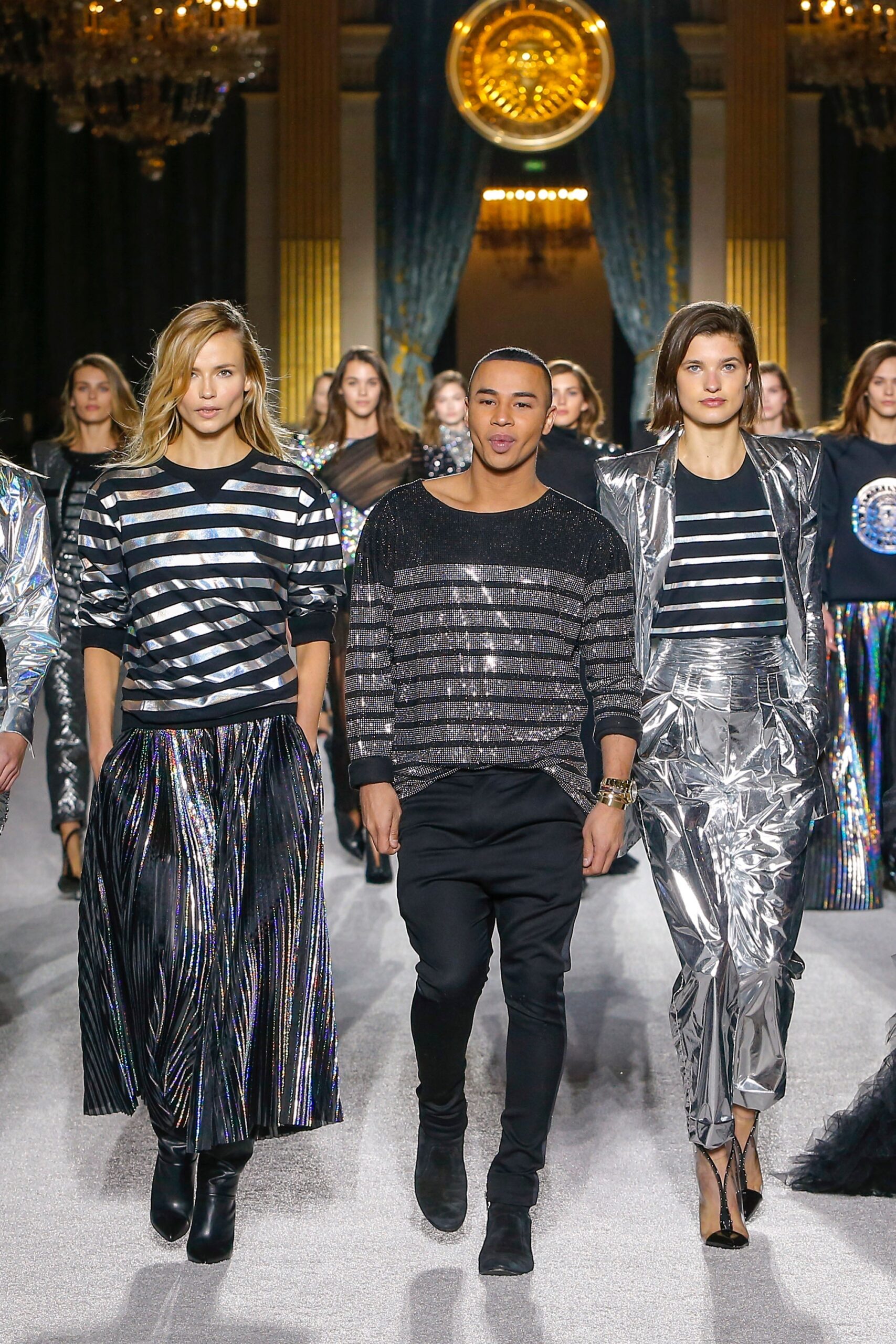 black and white striped top with pleated skirt