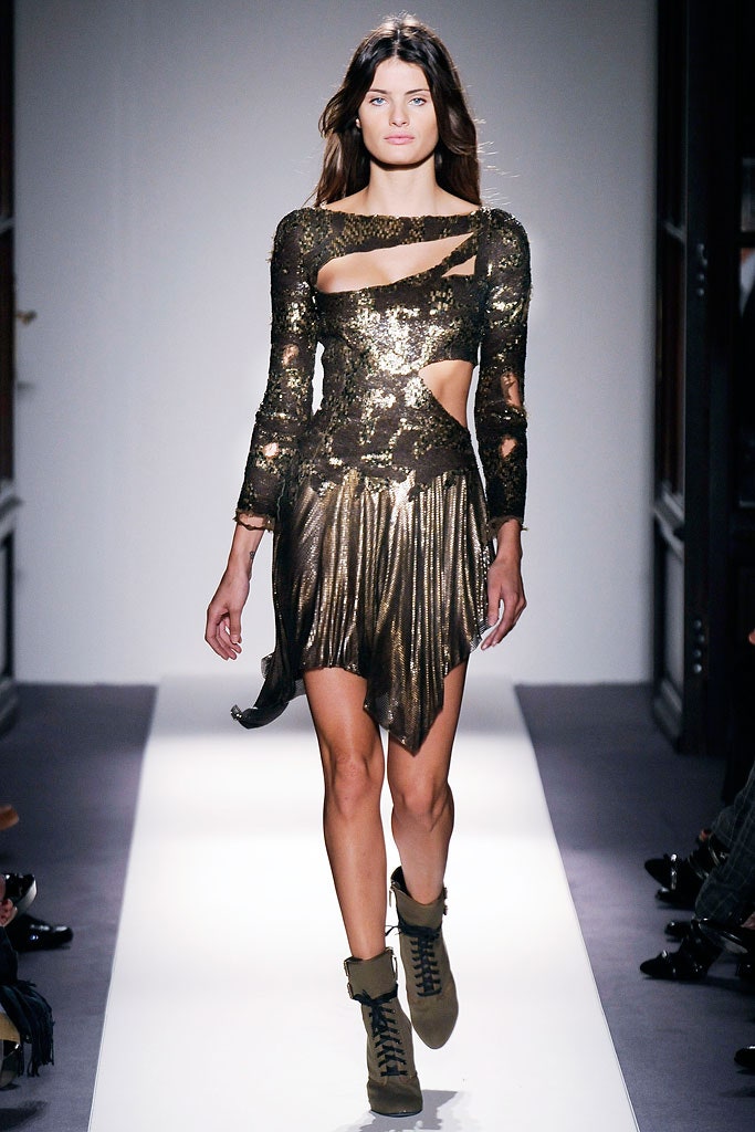 gold sequin long-sleeve cutout fitted draped shiny dress
