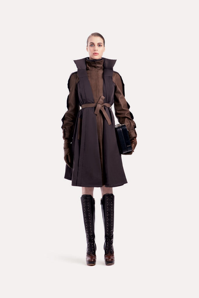 brown cotton long-sleeve collared fitted belted layered coat