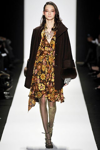 brown wool coat with multi-colored dress