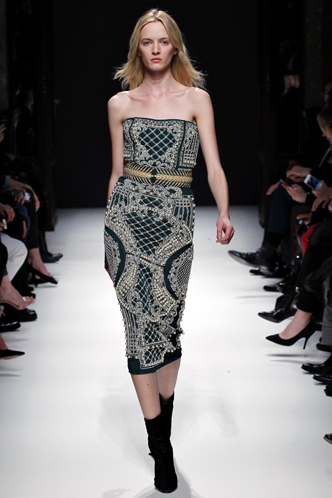 green gold embroidered strapless dress