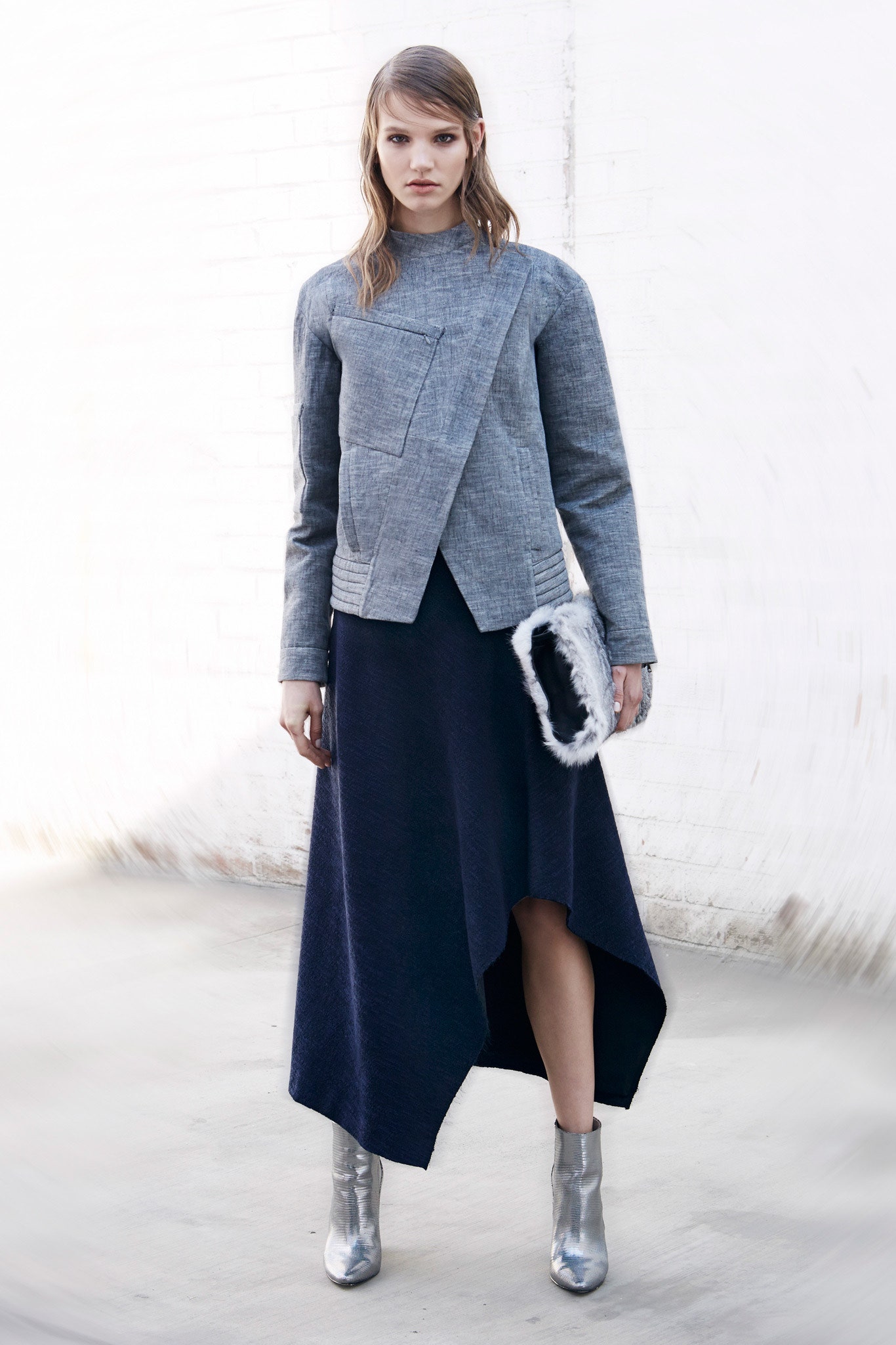 gray jacket navy dress silver shoes