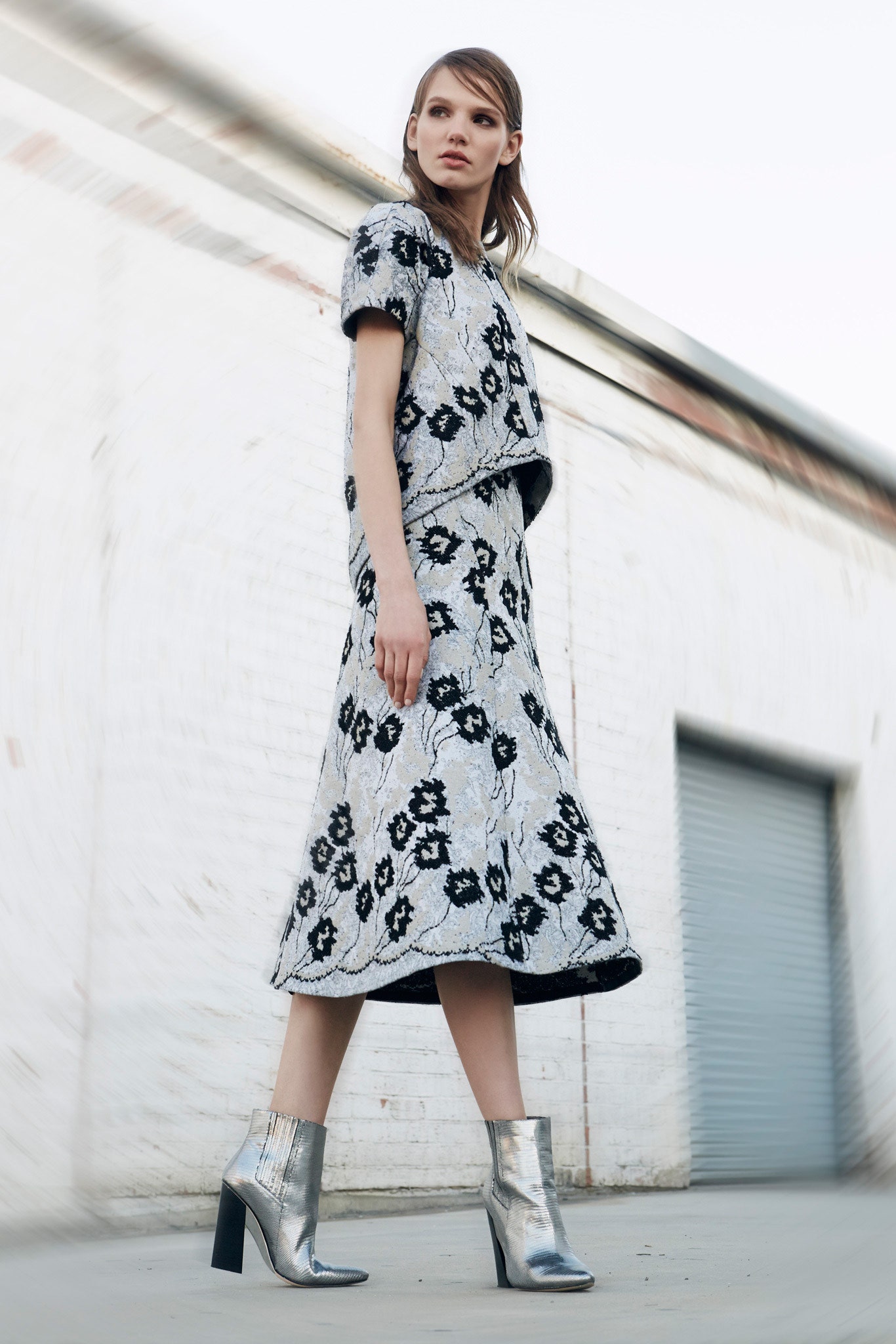 floral midi dress with silver shoes