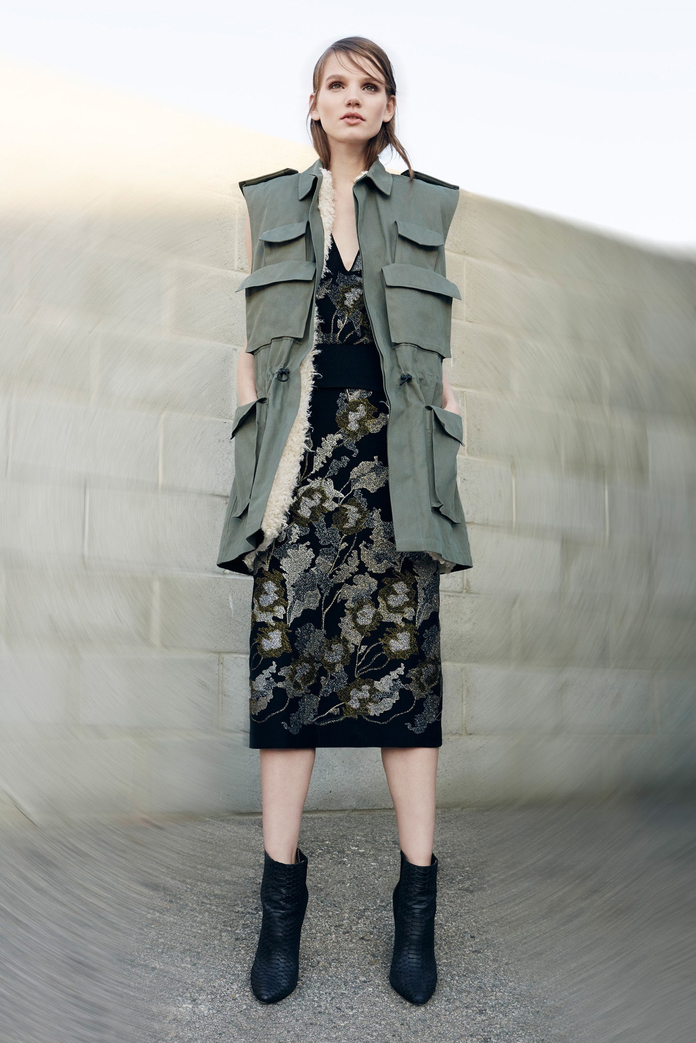 black floral silk midi dress with green vest