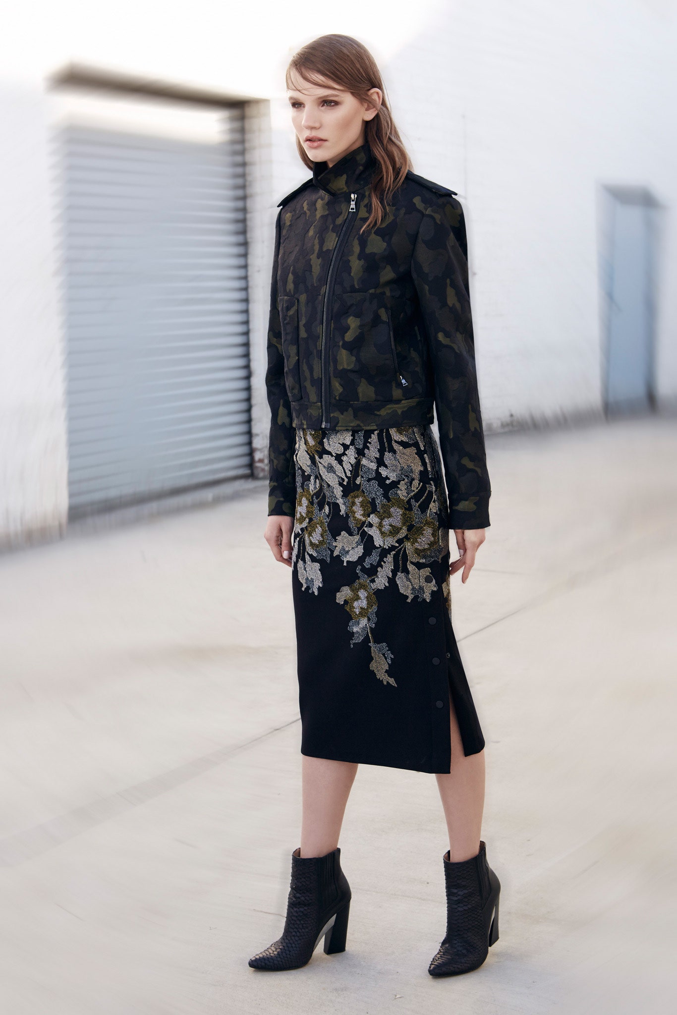 black cotton slit fitted embroidered midi skirt