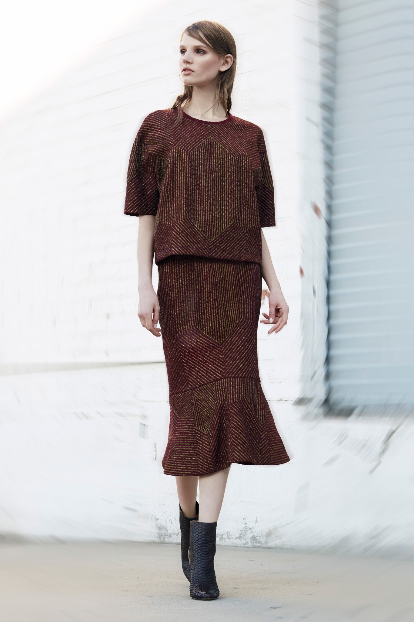red and brown fitted top and skirt