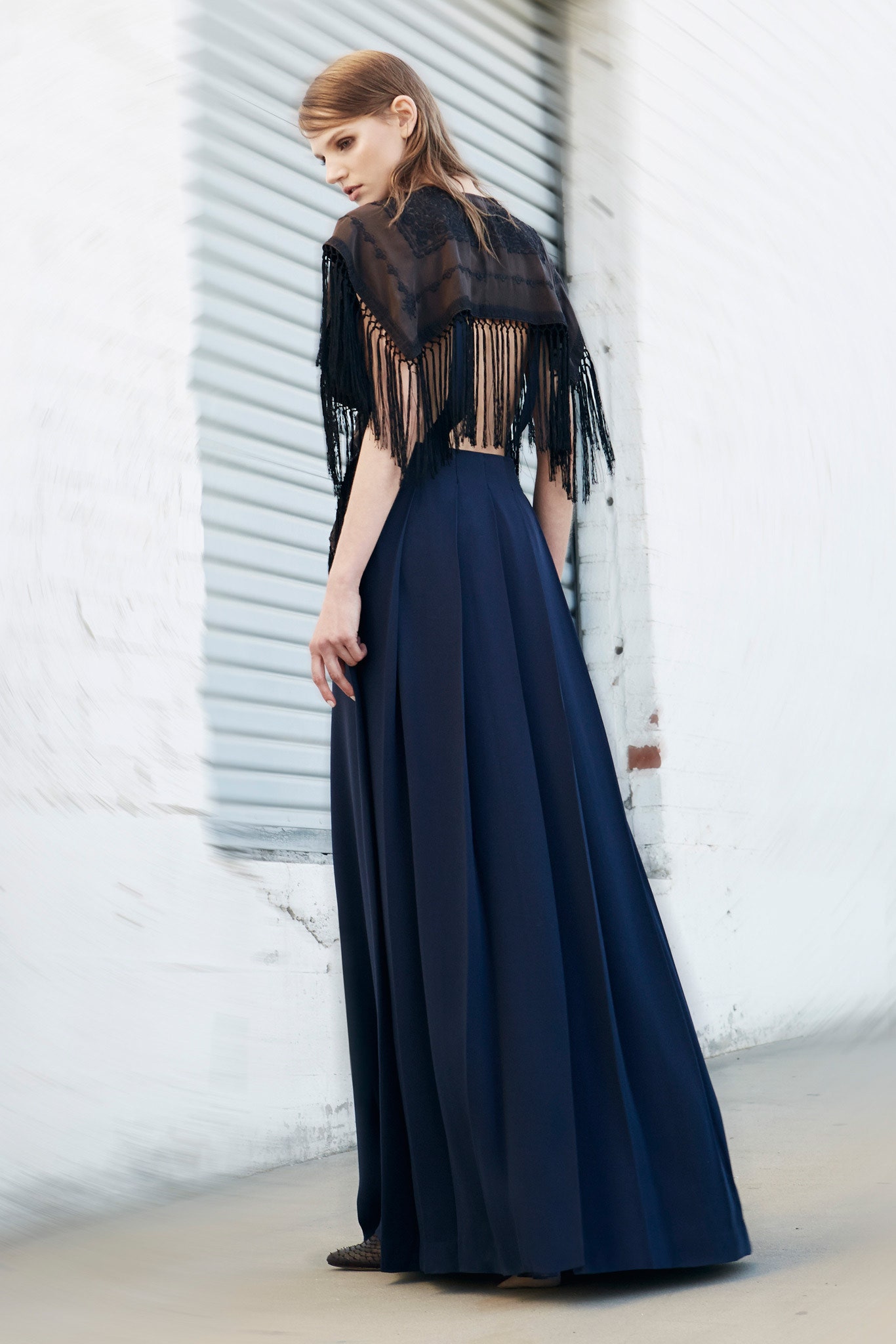 navy silk gown with black lace cape