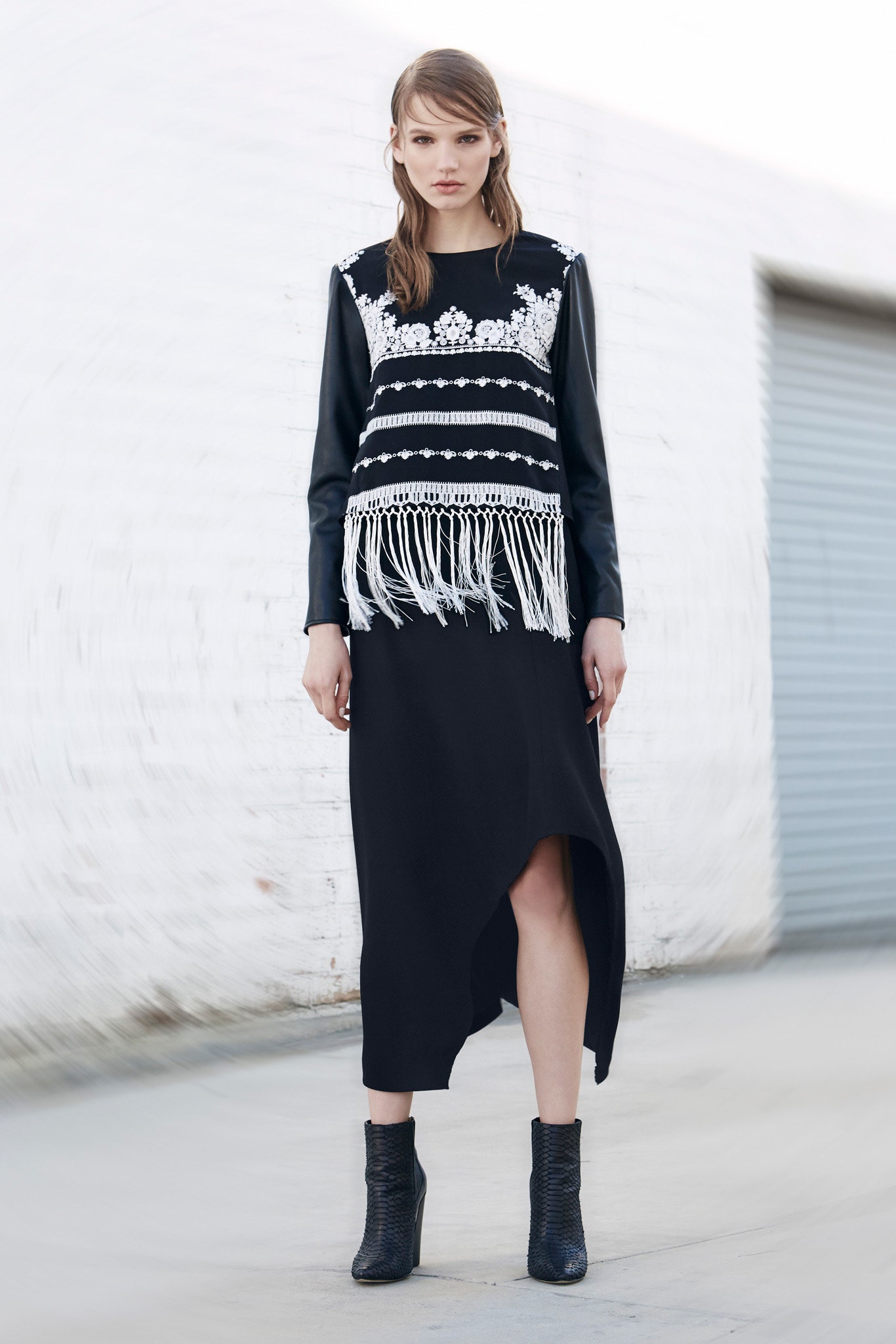 black cotton long-sleeve v-neck fitted fringed embroidered dress