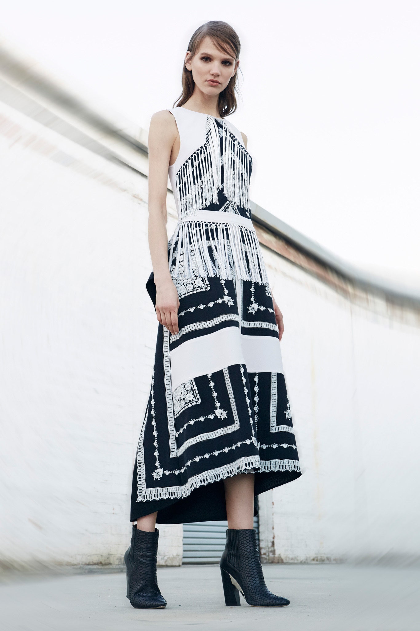 black and white fringed midi dress