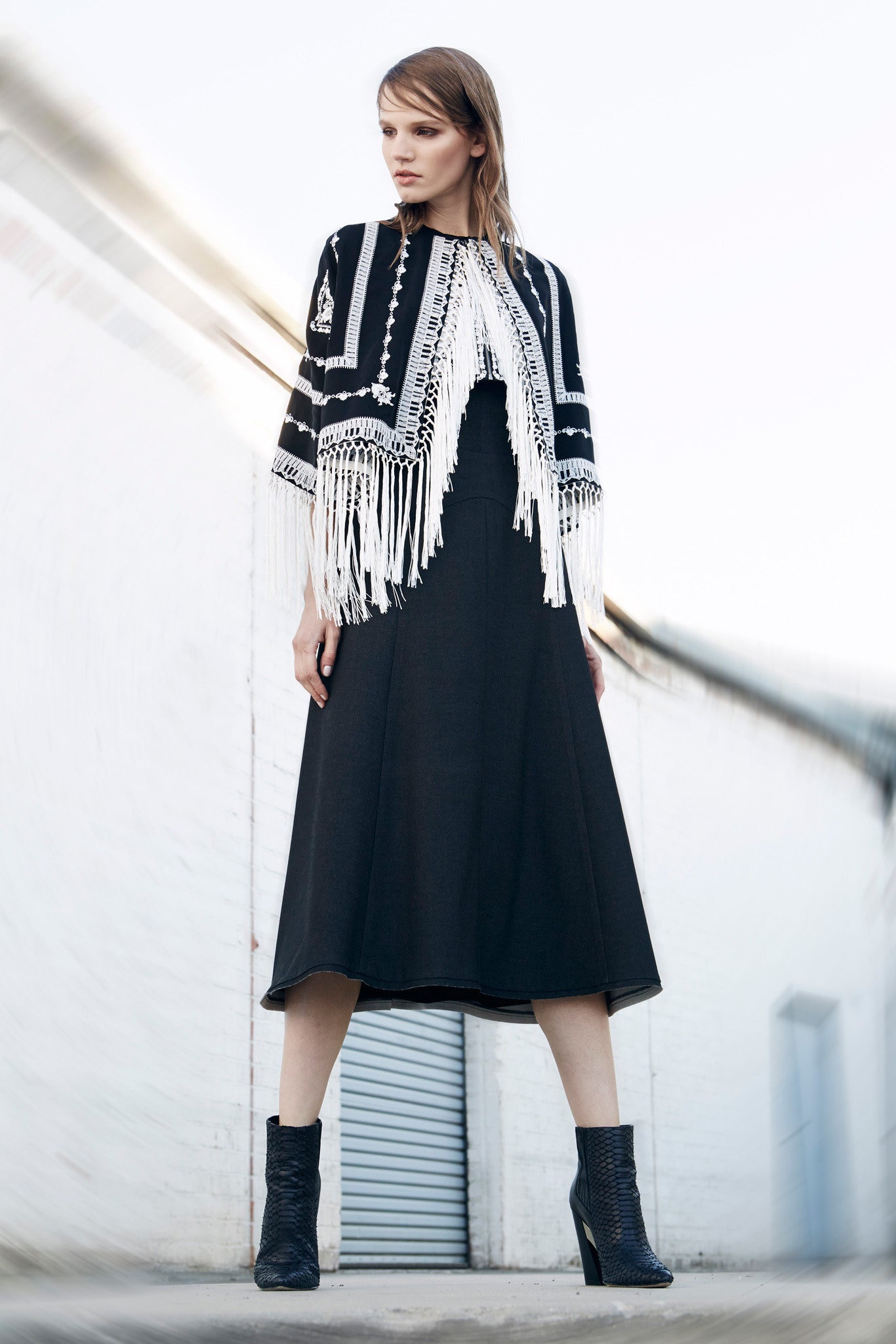 black midi dress with fringed jacket