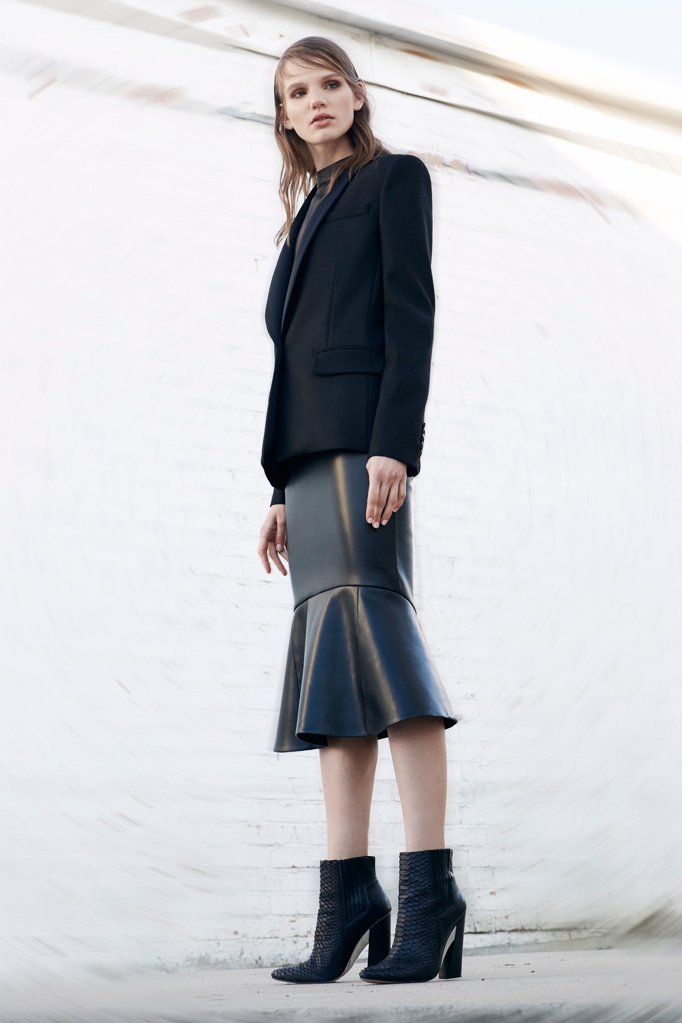 black tailored blazer and leather skirt