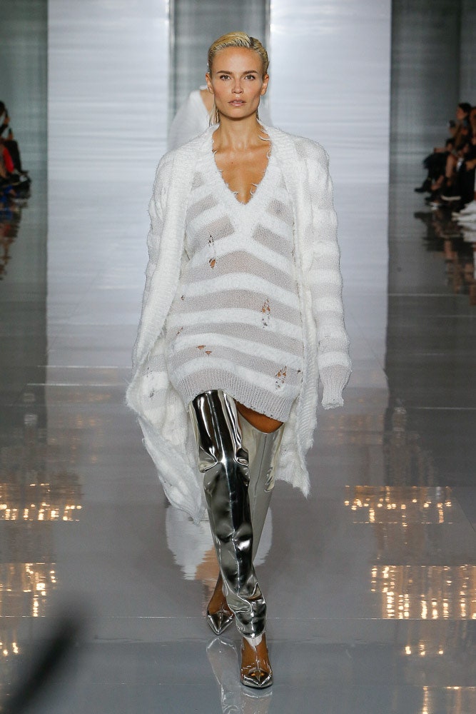 white distressed sweater with silver pants