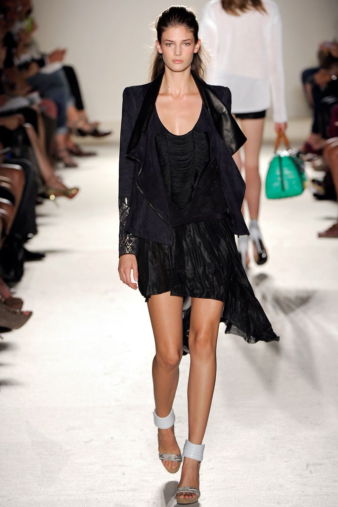 black silk layered dress with leather jacket