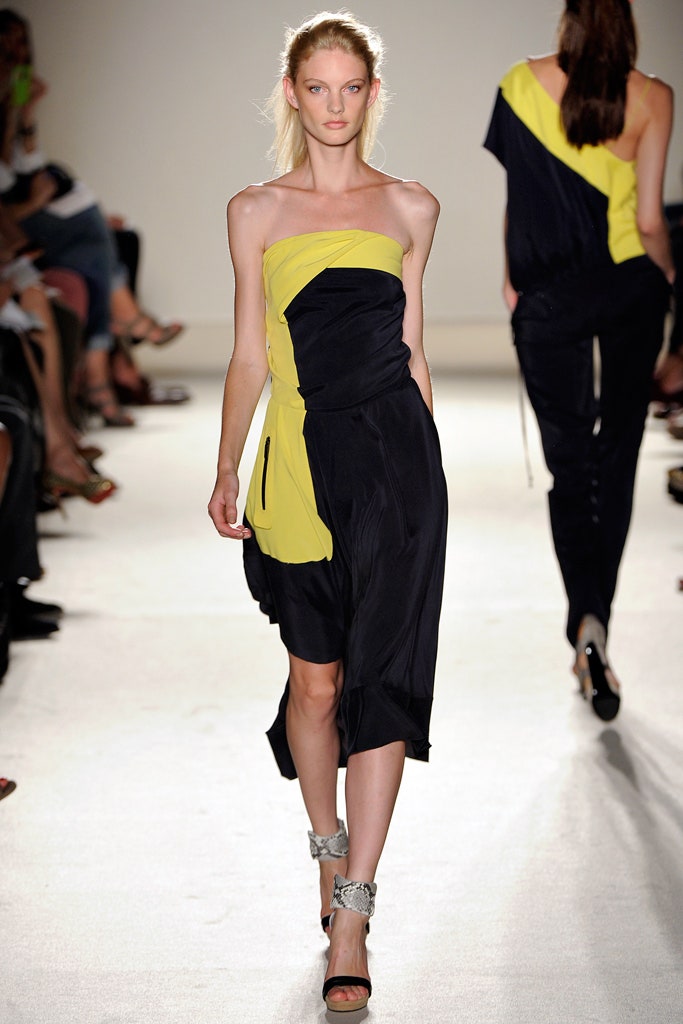 black and yellow asymmetric dress