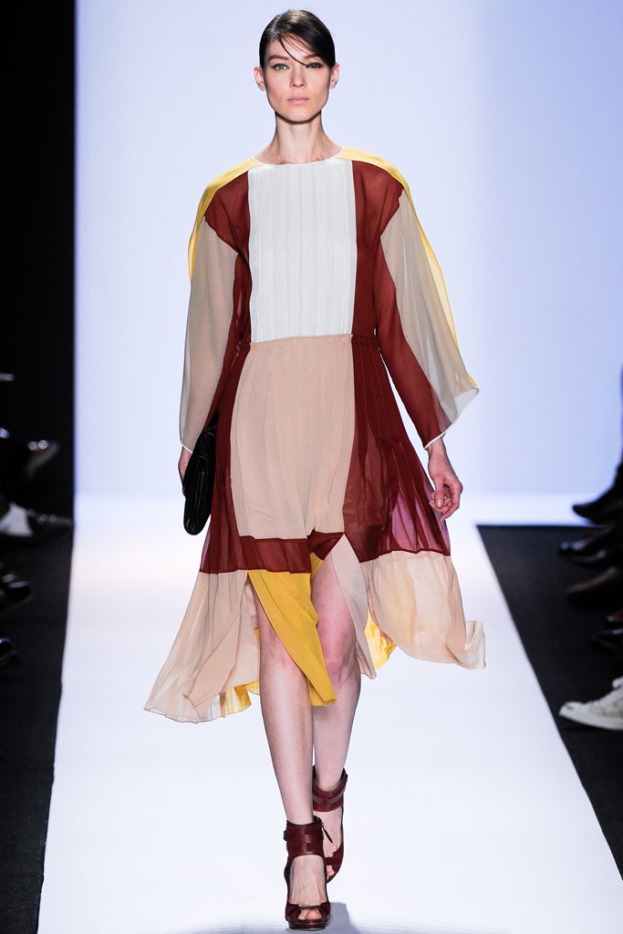 pleated midi dress in beige and red