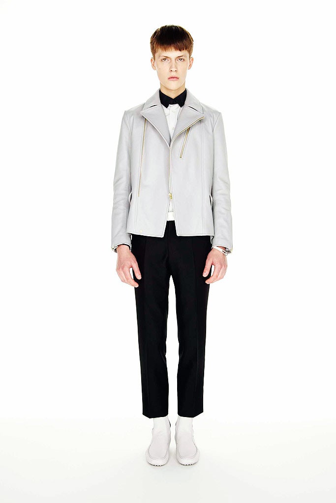 gray leather long-sleeve collared fitted zippered jacket
