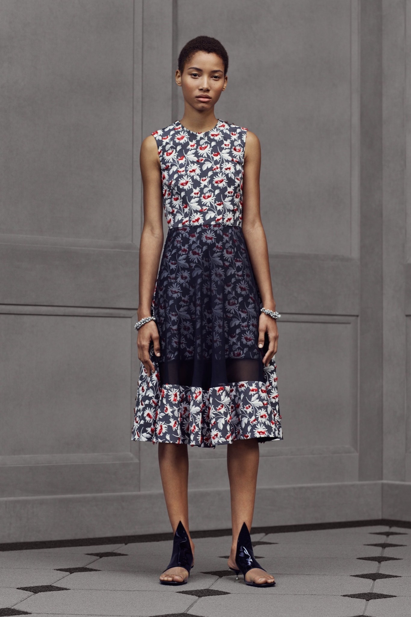 floral midi dress with black shoes