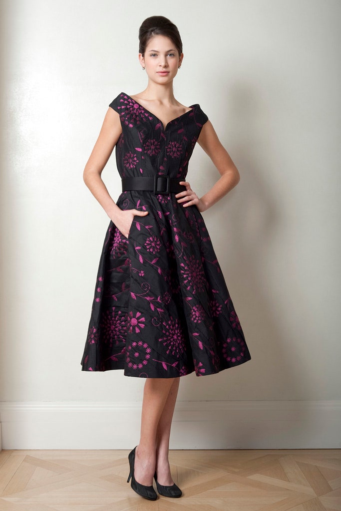 black pink embroidered midi dress