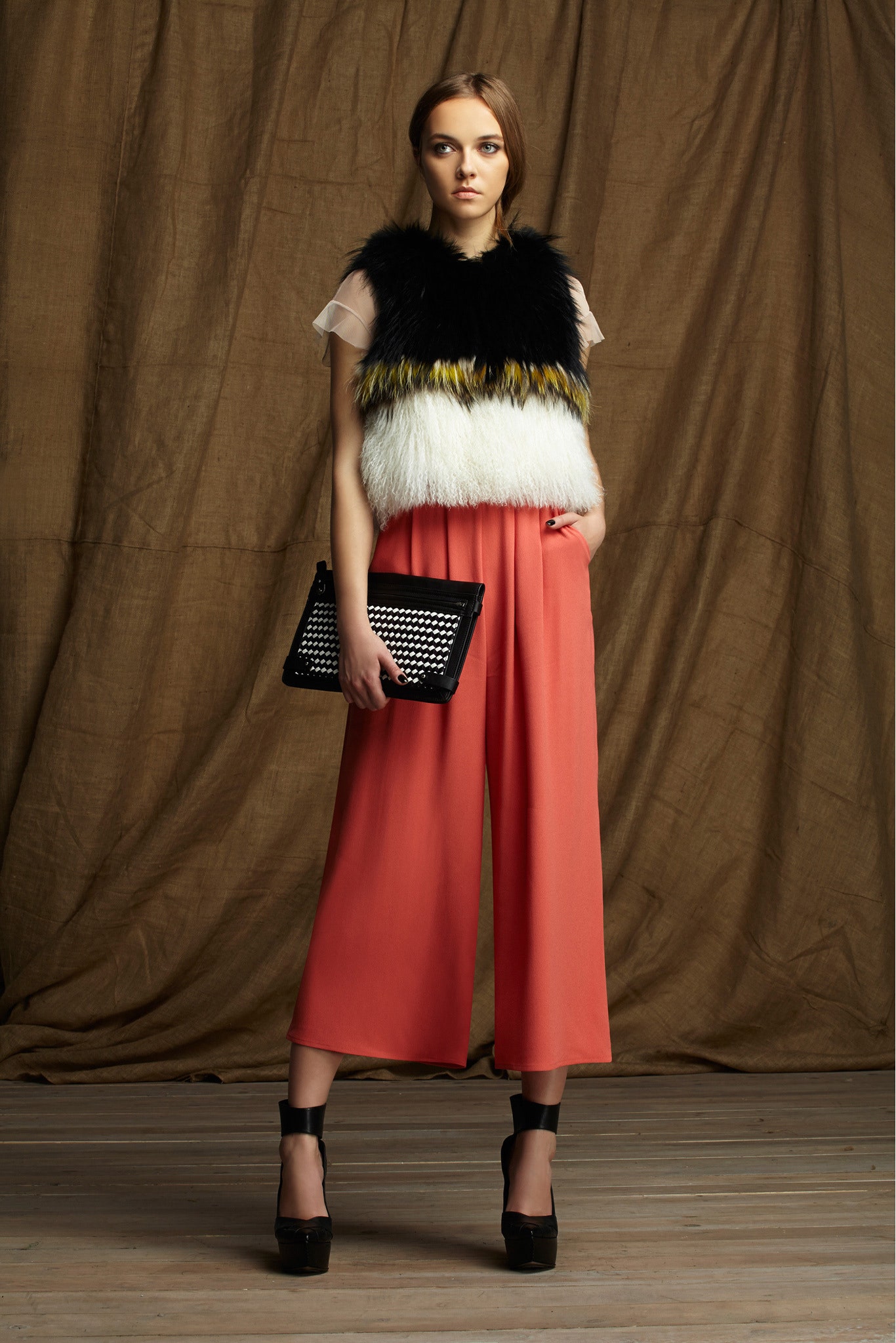fur top with coral pants