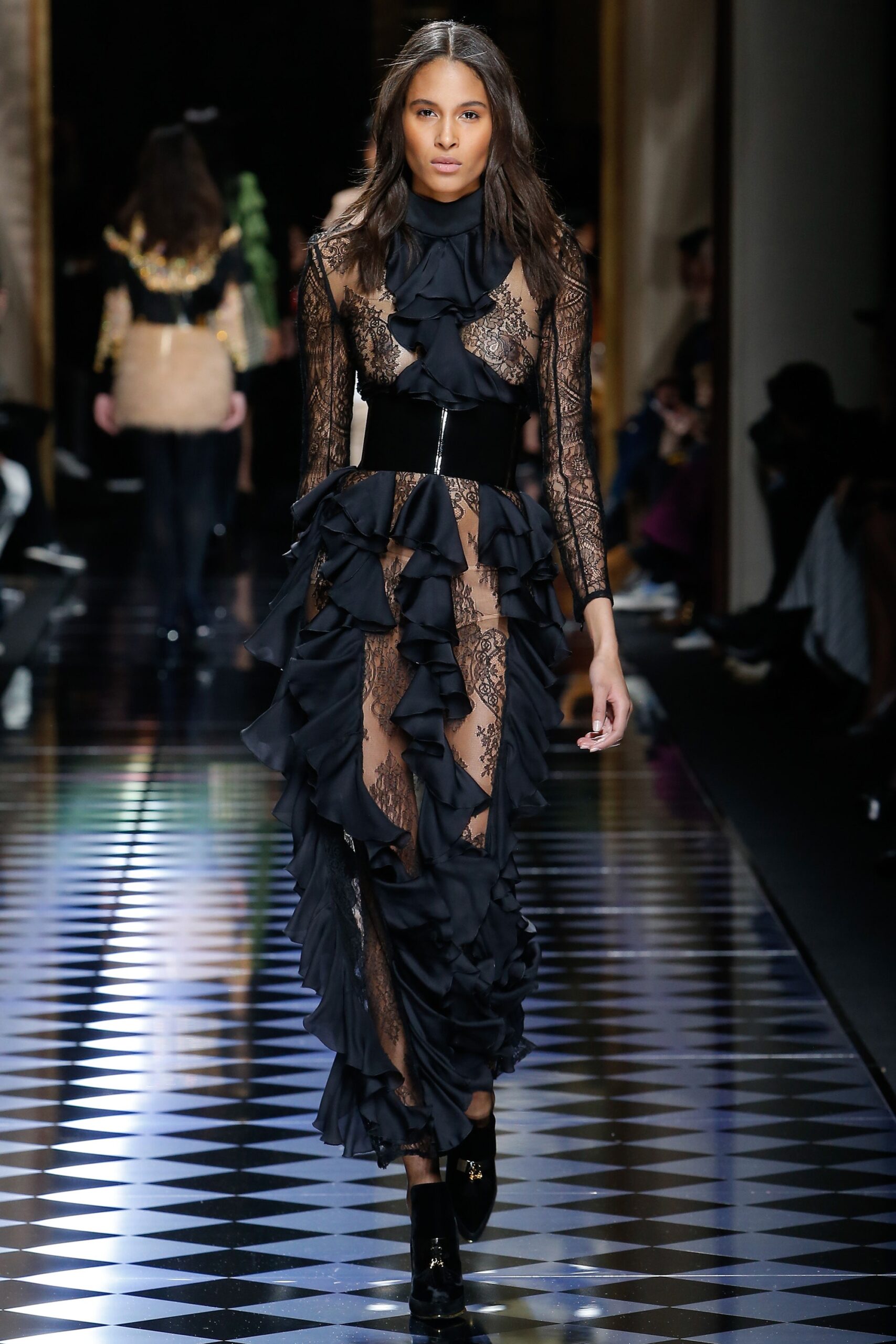 black lace ruffled midi dress