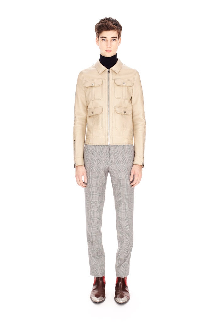beige leather long-sleeve collared fitted zippered pockets jacket