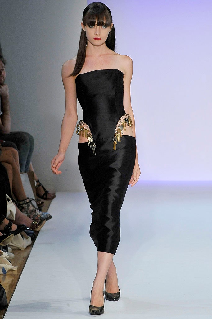 black satin strapless cutout fitted embellished shiny dress
