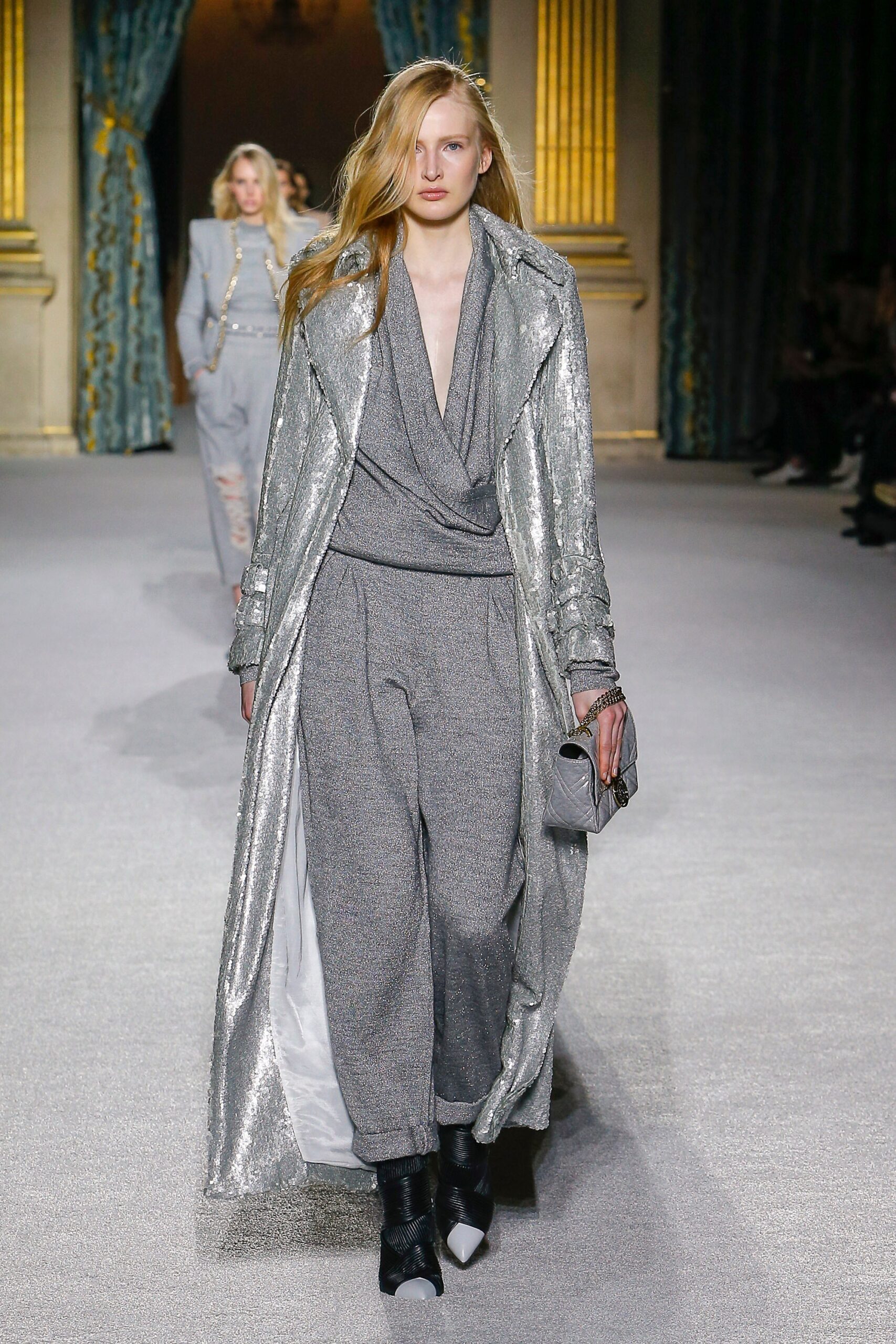 gray metallic coat and jumpsuit