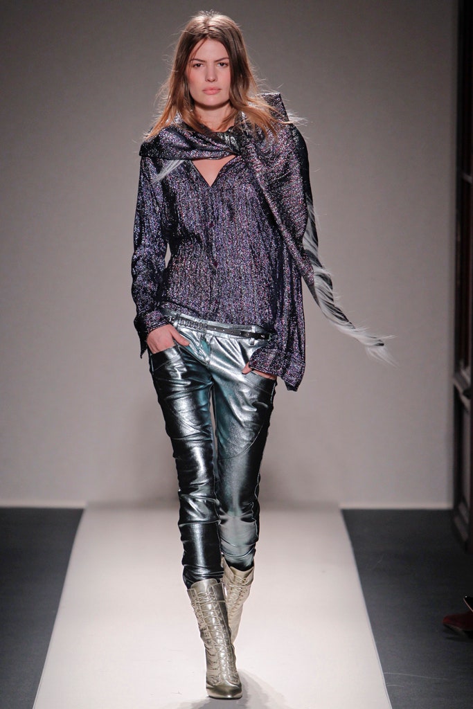 purple silk fitted top with silver pants