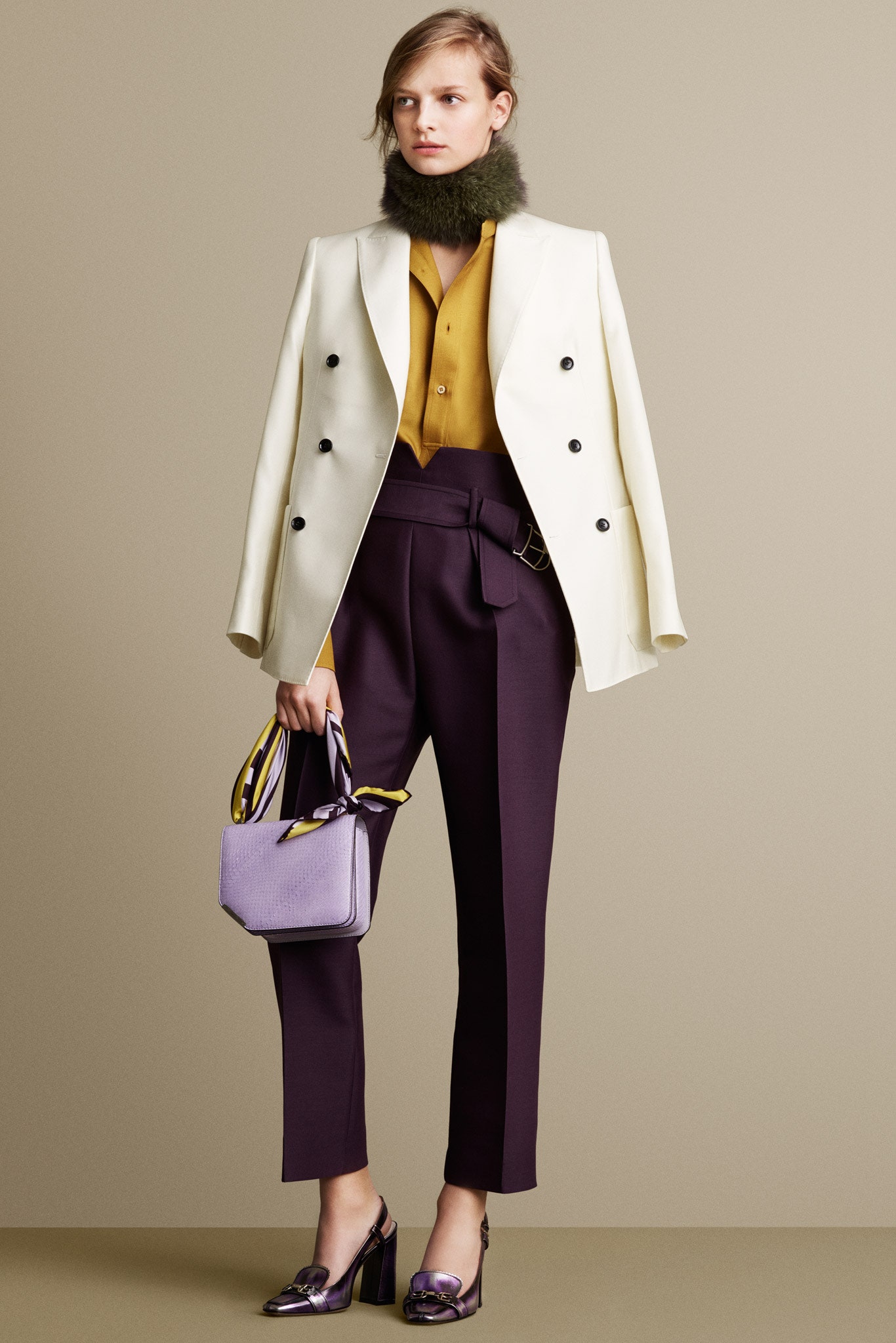 tailored white blazer with purple pants