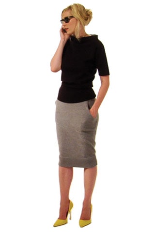 black fitted top gray pencil skirt