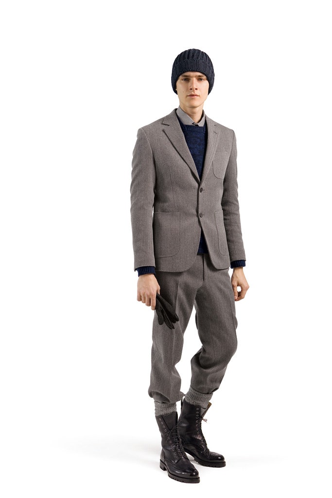 gray tailored suit with boots