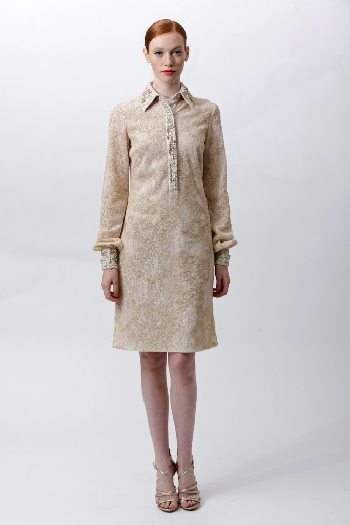 beige silk long-sleeve dress