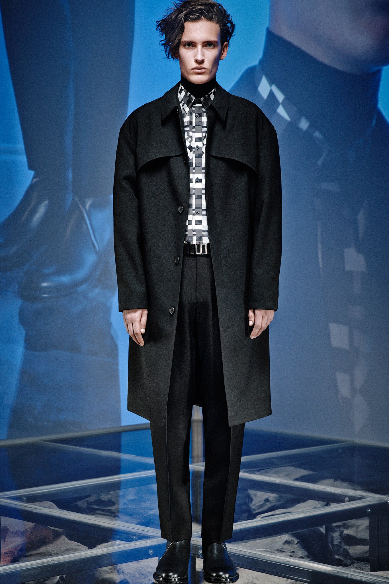 black wool coat with checked shirt