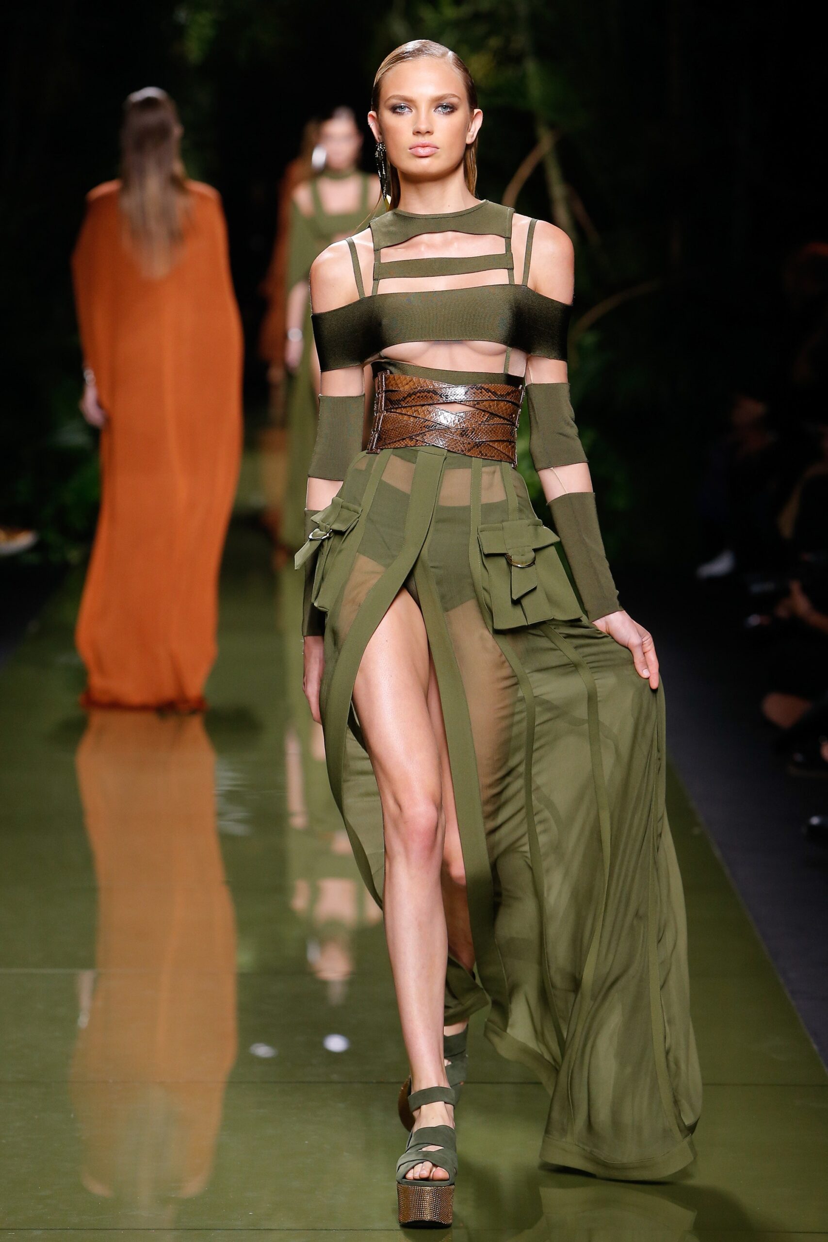 green sheer maxi dress with belt