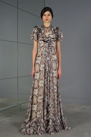 multi-colored silk ruffled gown