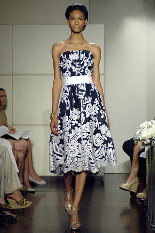 blue and white strapless flared dress