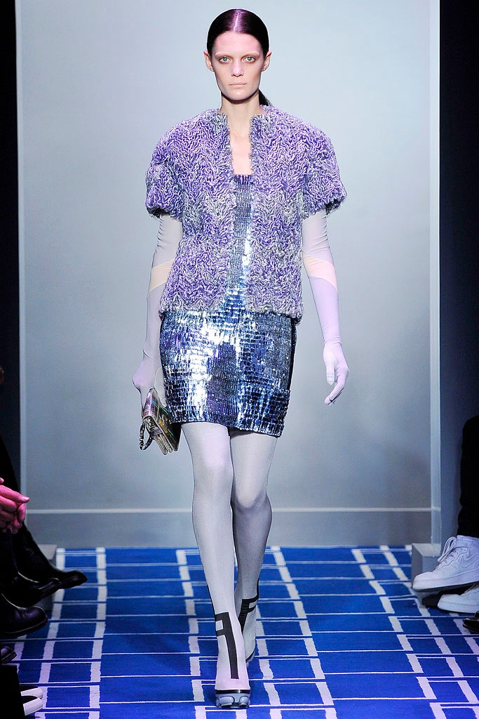 blue sequin mini dress with purple jacket