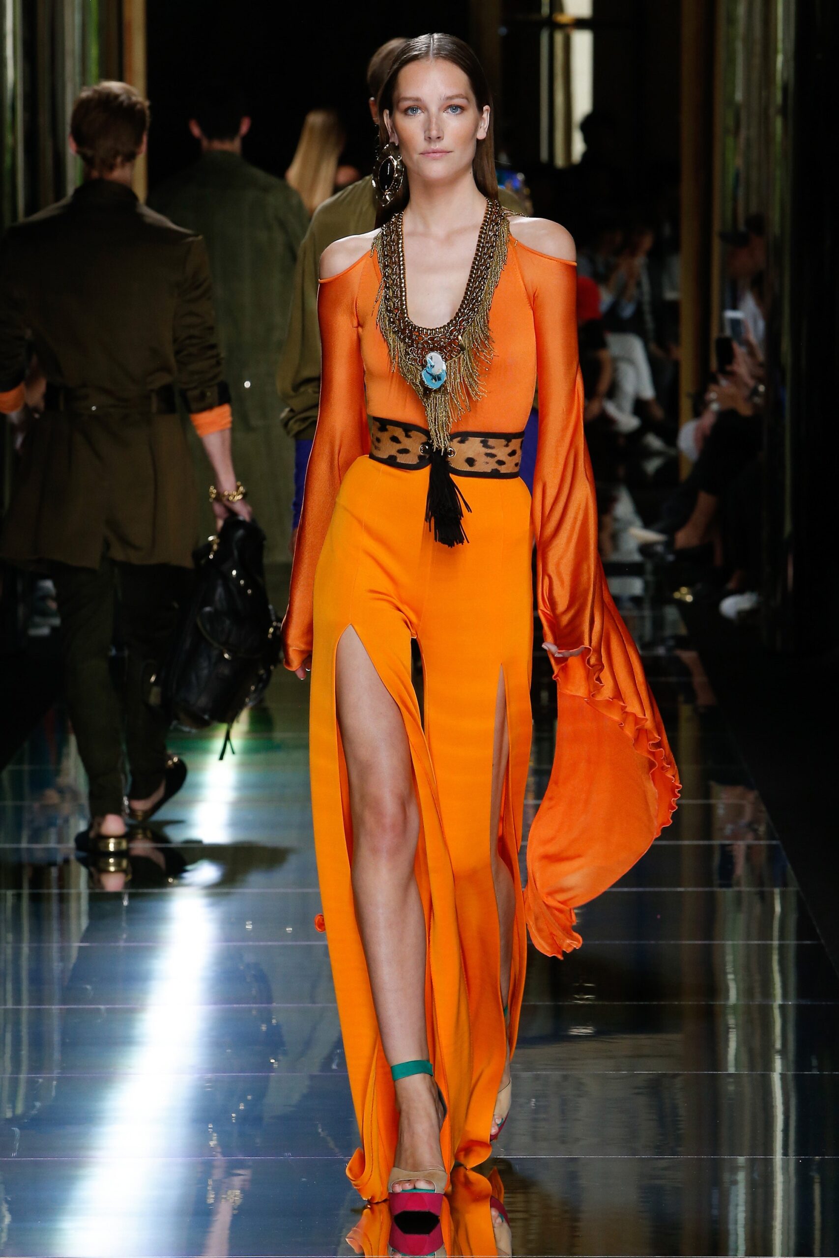 fitted orange silk maxi dress