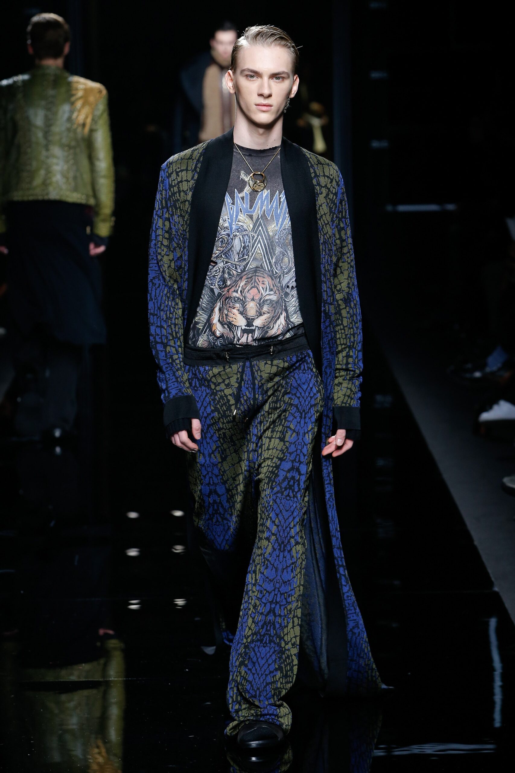 blue green layered jacket with t-shirt