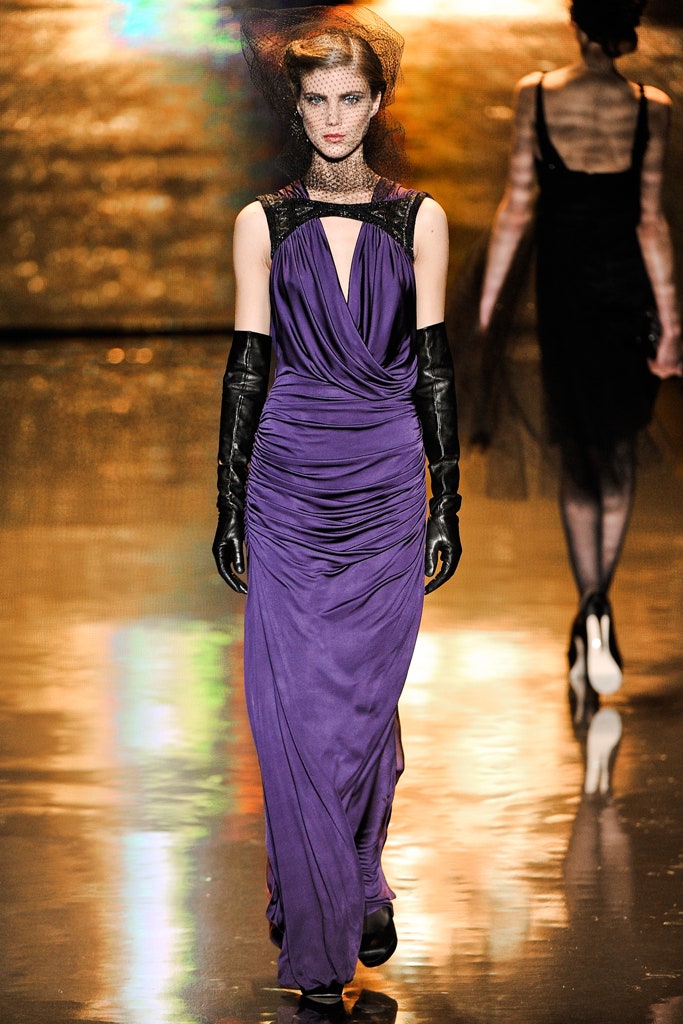 purple silk sleeveless v-neck fitted draped maxi gown