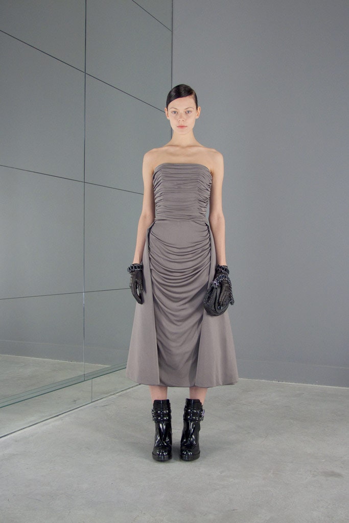 gray silk strapless fitted ruched draped midi dress
