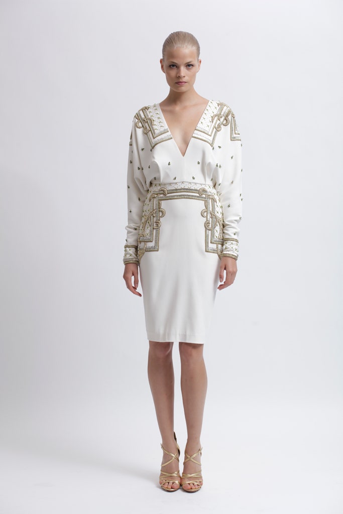 white silk long-sleeve v-neck fitted embroidered beaded dress
