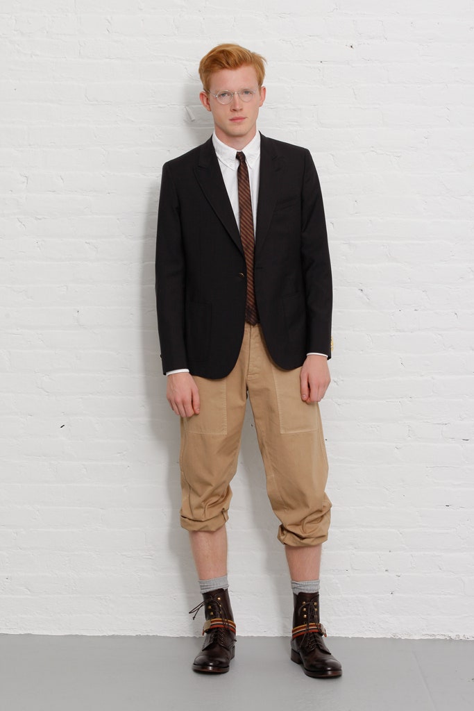 black tailored blazer and beige cargo pants