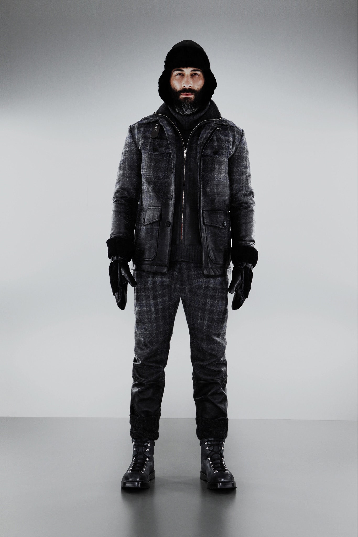 black leather jacket with checked pants